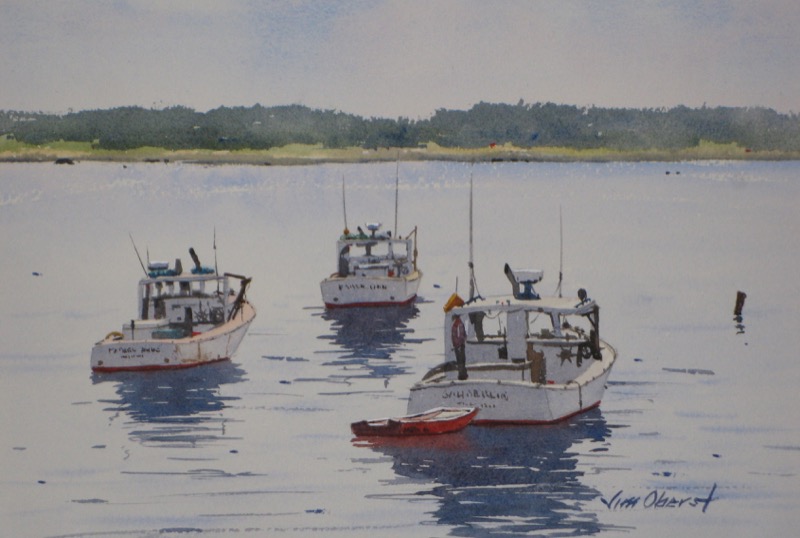landscape, seascape, coast, maine, boats, fishing, lobster, dinghy, original watercolor painting, oberst